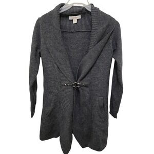 Ellen Tracy Women's Open Front Long Cardigan Wool Blend Leather Accent & Pockets